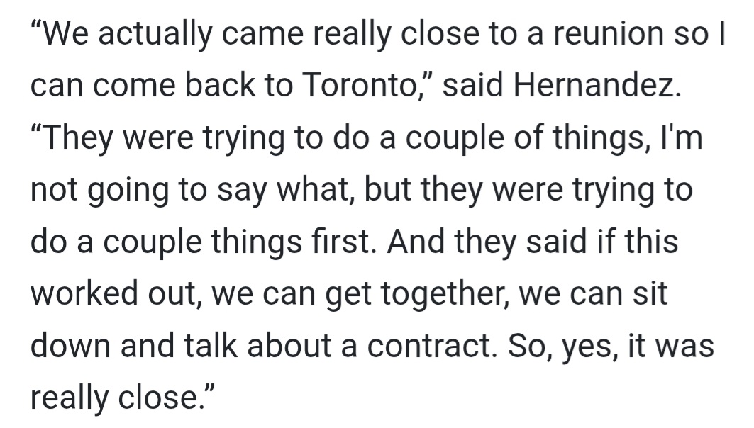 ⁶ (@damon98_) on Twitter photo A Teoscar Hernández reunion with the Blue Jays was "really close" this past offseason according to Teo himself.
(via <a href="/ShiDavidi/">Shi Davidi</a>) A Teoscar Hernández reunion with the Blue Jays was "really close" this past offseason according to Teo himself.
(via <a href="/ShiDavidi/">Shi Davidi</a>)