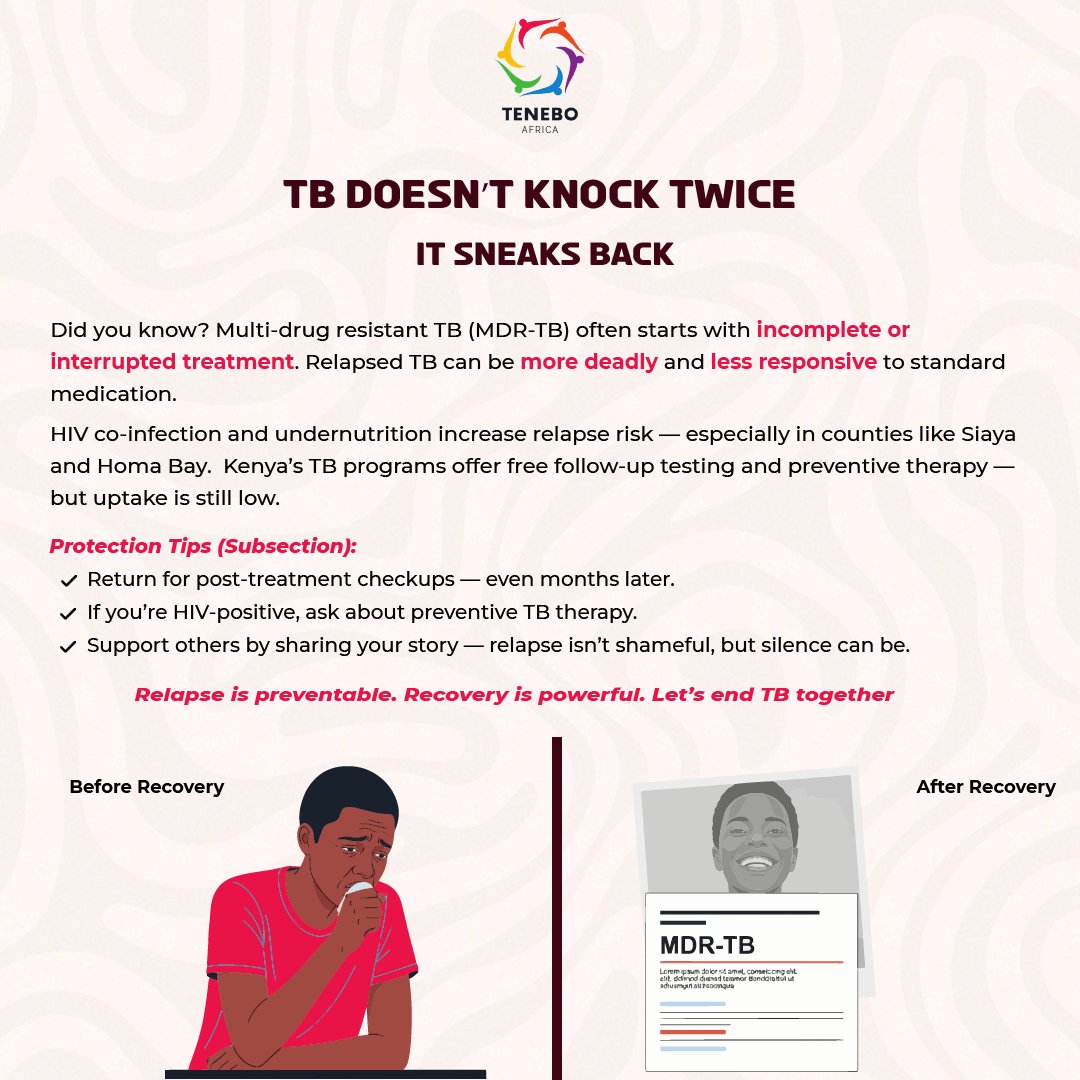 TeneboF's tweet photo. 🦠 TB Doesn’t Knock Twice. It Sneaks Back.

Relapse isn’t rare, it is a rising case. 

Tenebo Foundation is standing with survivors, raising awareness, and pushing for stronger post-treatment care.

Together, we can stop TB from coming back. 📢🩺 https://t.co/r3WkFtpZmf