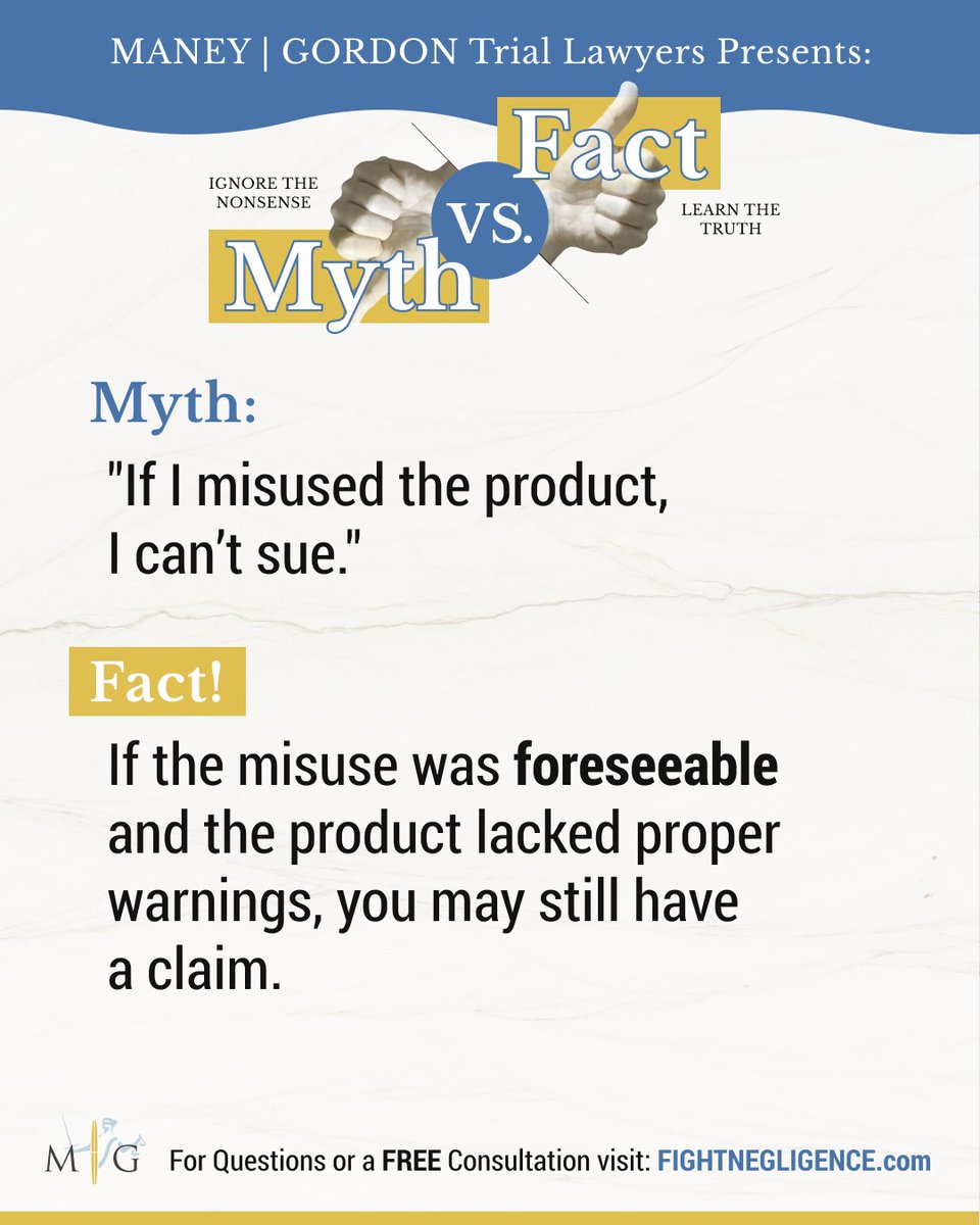 FightNegligence's tweet image. 🚫 Myth: If I misused the product, I can't sue.
.
.
.
.
#productliability #productdefect #maneygordon #maneygordontriallawyers #tampalawyer #fightnegligence #legal #bestlawfirm #superlawyers #bestlawyers #tampalawfirm #mg #mgtriallawyers #cocounsel