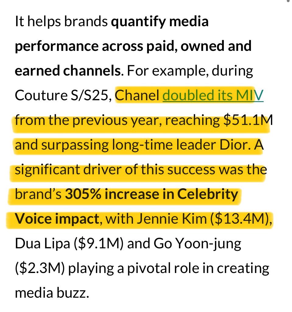 According to Launchmetrics #JENNIE generated $13.4M in MIV during Couture S/S25, helping Chanel more than double its MIV from the previous year to $51.1M and surpass long-time leader Dior, thanks to her remarkable impact.🔥👏🏼

#JENNIE #제니 <a href="/oddatelier/">OA</a> <a href="/jennierubyjane/">JENNIE</a>