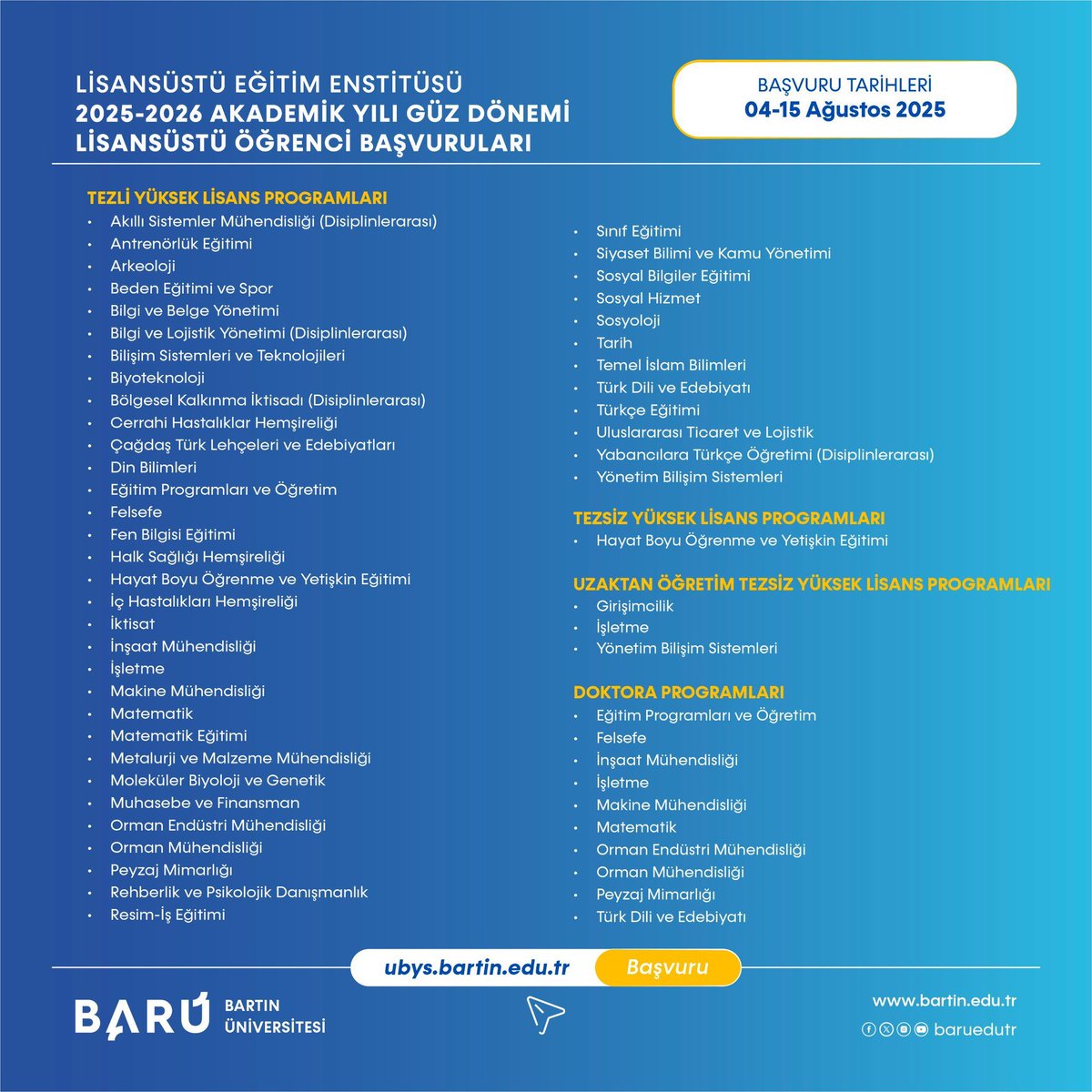 Bartın Üniversitesi İktisat Bölümü (@bartiniktisat) on Twitter photo Bölümümüze ait lisansüstü programlar;
📚İktisat Tezli Yüksek Lisans Programı
📚Girişimcilik Uzaktan Öğretim Tezsiz Yüksek Lisans Programı
📚Bölgesel Kalkınma İktisadı (Disiplinlerarası) Tezli Yüksek Lisans Programı
<a href="/r_arslan02/">Ramazan ARSLAN</a> <a href="/bartinuni_iibf/">BARÜ İktisadi ve İdari Bilimler Fakültesi</a> Bölümümüze ait lisansüstü programlar;
📚İktisat Tezli Yüksek Lisans Programı
📚Girişimcilik Uzaktan Öğretim Tezsiz Yüksek Lisans Programı
📚Bölgesel Kalkınma İktisadı (Disiplinlerarası) Tezli Yüksek Lisans Programı
<a href="/r_arslan02/">Ramazan ARSLAN</a> <a href="/bartinuni_iibf/">BARÜ İktisadi ve İdari Bilimler Fakültesi</a>