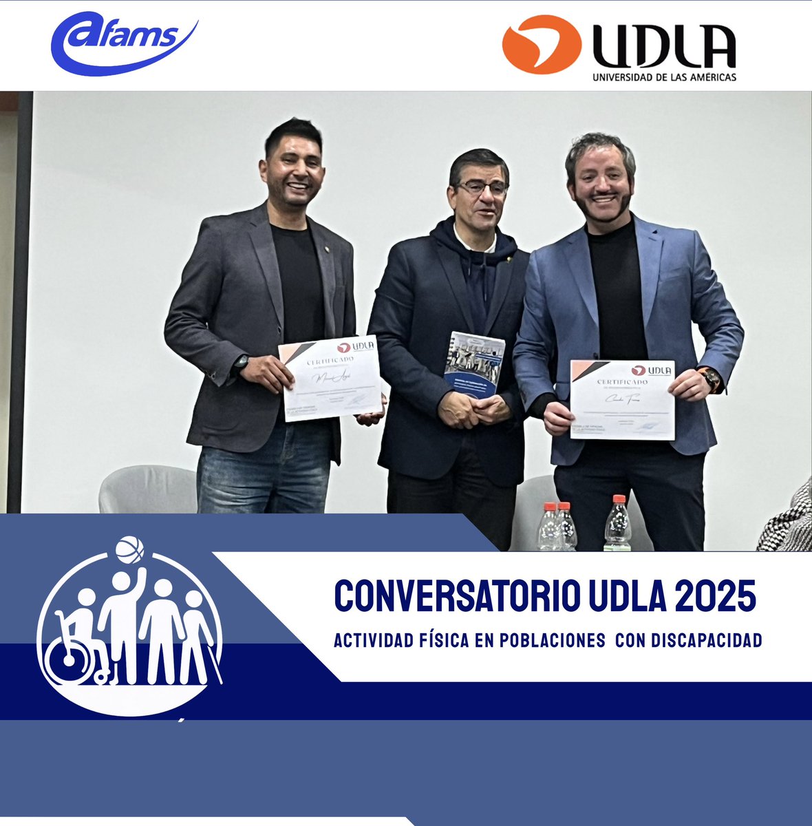 afamsoficial's tweet image. El 5 de agosto en @udla_cl, Manuel Argel, Pdte. de #AFAMS, participó en conversatorio sobre Actividad Física y Discapacidad junto a Claudio Farias Usach. Entregó el Manual de AF Adaptada como parte del convenio AFAMS–UDLA. #DeporteAdaptado #Inclusión