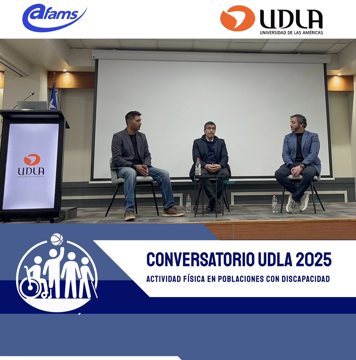 afamsoficial's tweet image. El 5 de agosto en @udla_cl, Manuel Argel, Pdte. de #AFAMS, participó en conversatorio sobre Actividad Física y Discapacidad junto a Claudio Farias Usach. Entregó el Manual de AF Adaptada como parte del convenio AFAMS–UDLA. #DeporteAdaptado #Inclusión