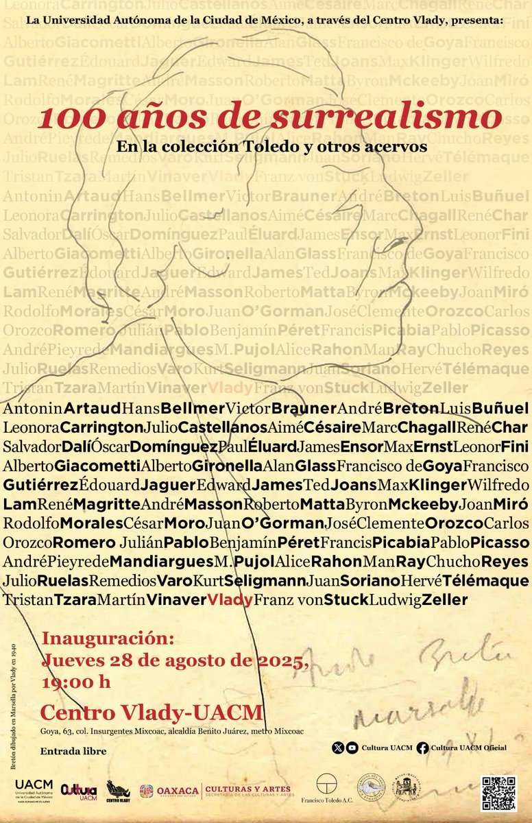 cdcyeu's tweet photo. Cartelera de agosto de la UACM

La @UACM  a través de Centro Vlady presenta: 100 años de surrealismo. En la colección Toledo y otros acervos
Inauguración
 📅jueves 28 de agosto 
 ⏰19:00 h
 Centro Vlady UACM
 📌Goya 63
#SomosCulturaUACM https://t.co/LLLdIjejsi