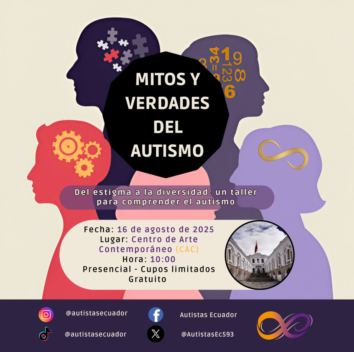AutistasEc593's tweet photo. Autistas Ecuador invita a al taller "Mitos y Verdades del Autismo"  que se dará en el Centro de Arte Contemporáneo en Quito 🎭, el 16 de agosto 🗓, a las 10:00 ⏰. 
Si deseas participar registrar regístrate en el siguiente link: 
https://t.co/QT876Gcy8V
#autismo #Neurodivergencia https://t.co/ApAOk6ccai