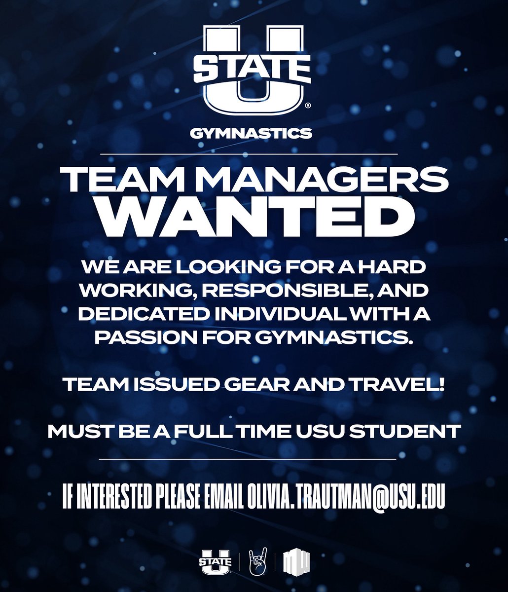 USU Gymnastics (@usugymnastics) on Twitter photo Come work with 𝐓𝐇𝐄 𝐂𝐇𝐀𝐌𝐏𝐒! We are looking for two passionate and hardworking team managers! Please send your resume to Olivia.Trautman@usu.edu! Come work with 𝐓𝐇𝐄 𝐂𝐇𝐀𝐌𝐏𝐒! We are looking for two passionate and hardworking team managers! Please send your resume to Olivia.Trautman@usu.edu!