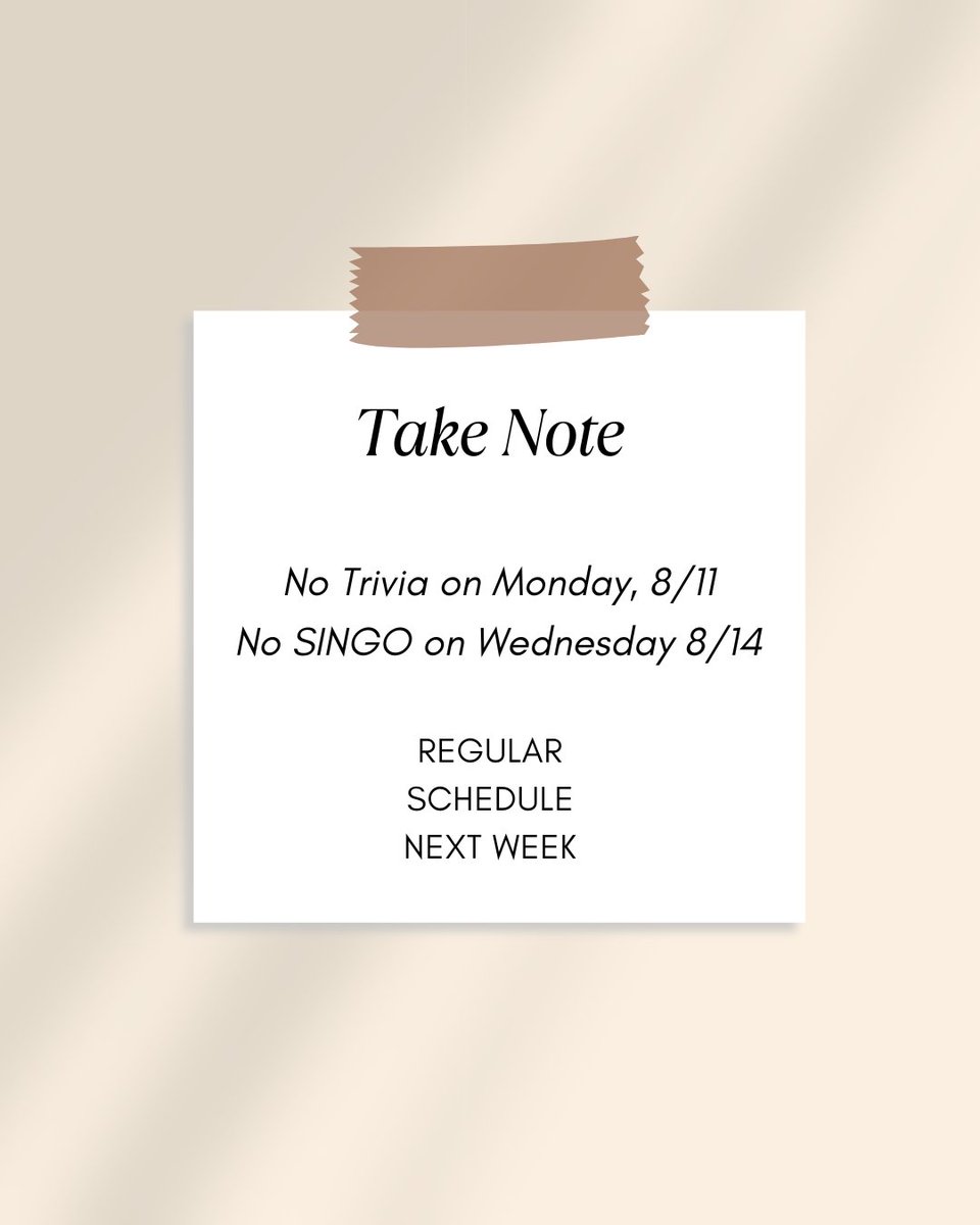 Take note, fam: No Trivia or SINGO this week ONLY. We'll be back to our regular schedule next week. Everything else is the same, so EAT HERE!