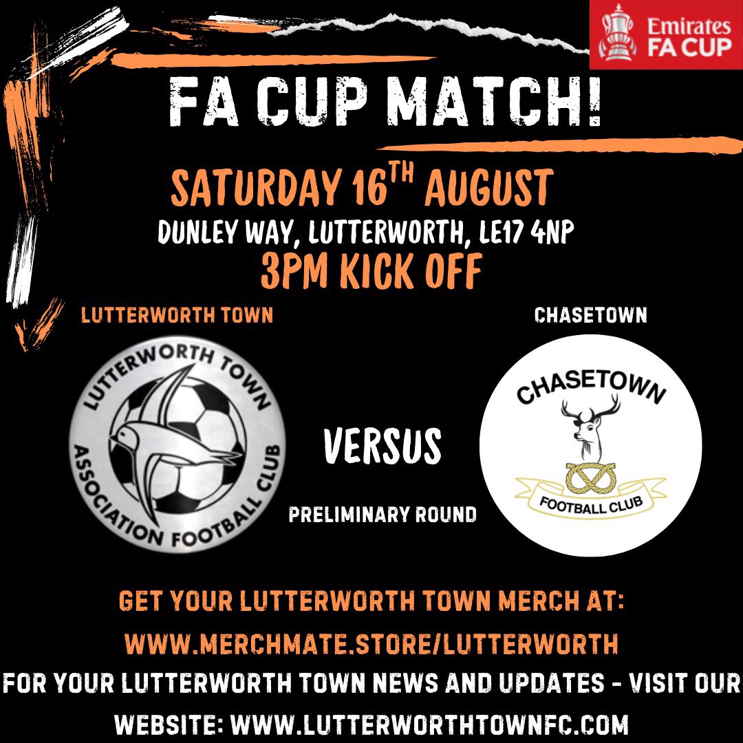 FA Cup fever has hit Lutterworth!!!  Following on from our magnificent win in the last round, we go once more - this time we have home advantage!!  Come along and show your support, get behind the lads and cheer them to victory!  Lets turn Dunley Way into a Fortress!