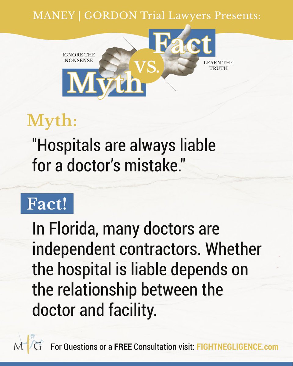 FightNegligence's tweet photo. 🚫 Myth: Hospitals are always liable for a doctor's mistake
.
.
.
.
#medicalmalpractice #maneygordon #maneygordontriallawyers #tampalawyer #fightnegligence #legal #bestlawfirm #superlawyers #bestlawyers #tampalawfirm #mg #mgtriallawyers #cocounsel https://t.co/FuF7Caq7Gt