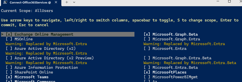 mderooij's tweet image. Sneak peek for module (de)installation option in Connect-Office365Services. Would that delight some console people? #Office365 #PowerShell