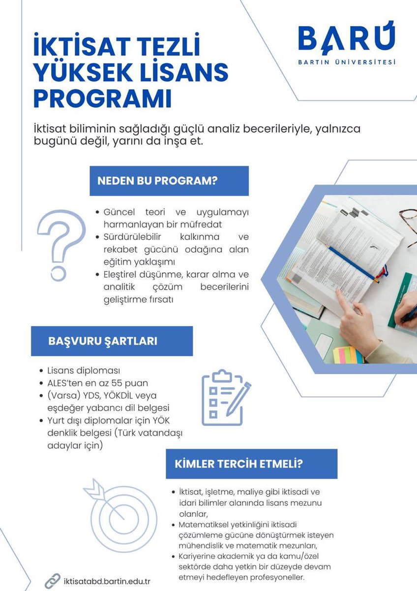 📚 İktisat Tezli Yüksek Lisans Programımız başvurularınızı bekliyor!

<a href="/r_arslan02/">Ramazan ARSLAN</a> <a href="/bartinuni_iibf/">BARÜ İktisadi ve İdari Bilimler Fakültesi</a> <a href="/baruedutr/">Bartın Üniversitesi</a> 

#BARÜ #İktisat