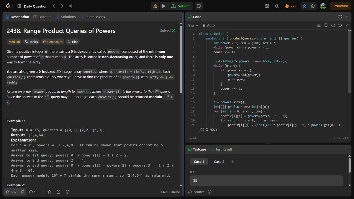 🚀 Day 82 on LeetCode
🧮 Problem: 2438. Range Product Queries of Powers
A fun challenge mixing bit manipulation &amp; modular arithmetic for optimized query handling! 💡
Big thanks to <a href="/LeetCode/">LeetCode</a>, <a href="/NeetCode/">NEETcode</a>, and 
#LeetCode #Day82 #CodingChallenge #BitManipulation #DSA #KeepGrinding