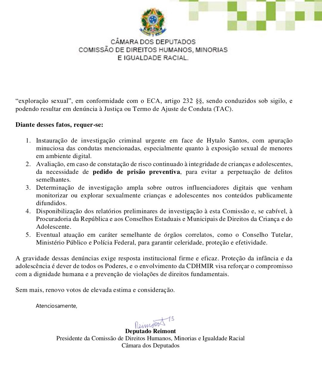 Deputado Reimont pediu a prisão preventiva de Hytalo Santos - Foto: Reprodução 