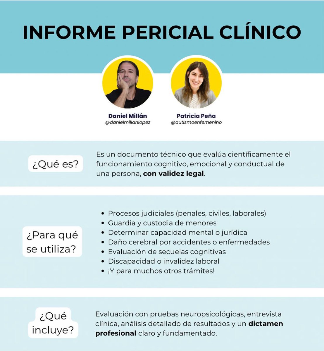 Mi compañera Patricia Peña y yo realizamos informes clínico-periciales psicológicos rigurosos y fundamentados, adaptados a procesos judiciales. Evaluamos casos de custodia, daño psicológico, capacidad civil y otros, con intervención conjunta de dos profesionales especializados.