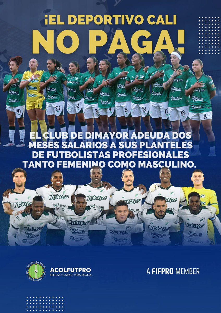 <a href="/AsoDeporCali/">Deportivo Cali</a> club de <a href="/Dimayor/">DIMAYOR</a>  adeuda los salarios de junio y julio a sus planteles masculino y femenino, omisión que vulnera los derechos y afecta la estabilidad económica, emocional y profesional de nuestros compañeros y compañeras.
📢 Desde #ACOLFUTPRO exigimos cumplimiento