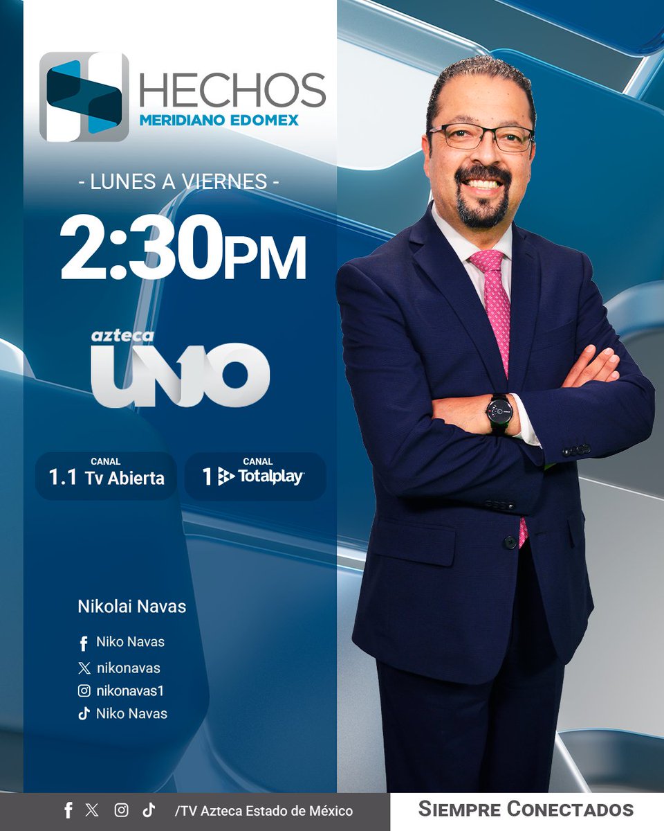 No te pierdas #HechosMeridiano Estado de México
Con <a href="/NikoNavas/">Niko Navas</a> 

📅 Lunes a Viernes.
⏰ 2:30 P.M.
📺 1.1 de TV abierta y 1 de Totalplay.