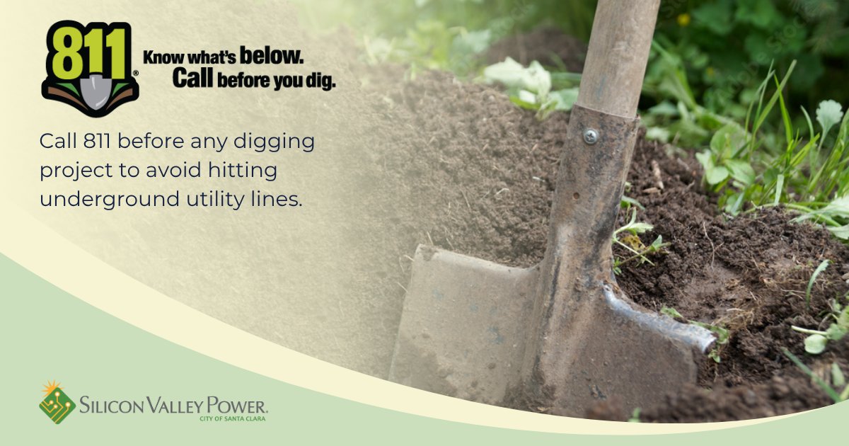 SantaClaraPower's tweet photo. Happy National 811 Day! A reminder to call 811 before any digging project. Calling 811 a few days before you dig is free, easy, and it's the law. It helps you avoid damaging underground utility lines and be safe. More at https://t.co/JJ91xACL3K
#811Day #811BeforeYouDig #SVP https://t.co/MrJv68xkn8
