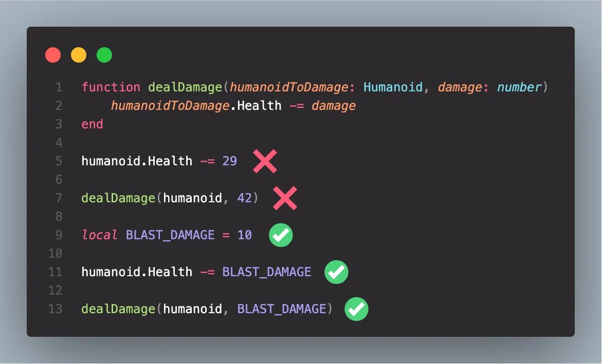 Dev Tip: avoid magic numbers! Using hard coded values like "health -= 13.4" reduce clarity and makes things harder to find.

Use constants instead and choose clear names like BLAST_RADIUS, PLAYER_RUN_SPEED, and WINNER_COIN_AWARD

#RobloxDev #RobloxStudio #Roblox