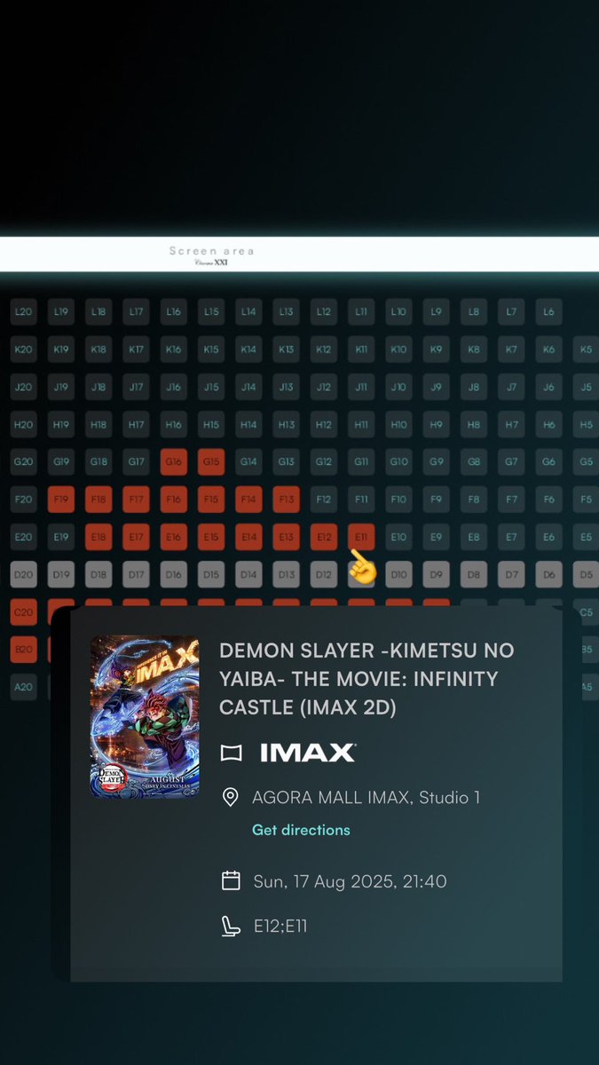choxpiematcha's tweet photo. WTS Tiket Demon Slayer Infinity Castle
Lokasi : AGORA MALL IMAX (Jakarta Selatan)
Kursi : E12, E11 
Hari/Tanggal : Minggu / 17 Agustus
Jam : 21:40
Alasan Jual Salah Pilih Jam
Price : 110K Jual Rugi
#DemonSlayer #IMAX #WTS #zonauang #XXI https://t.co/Od2YOCgBmX