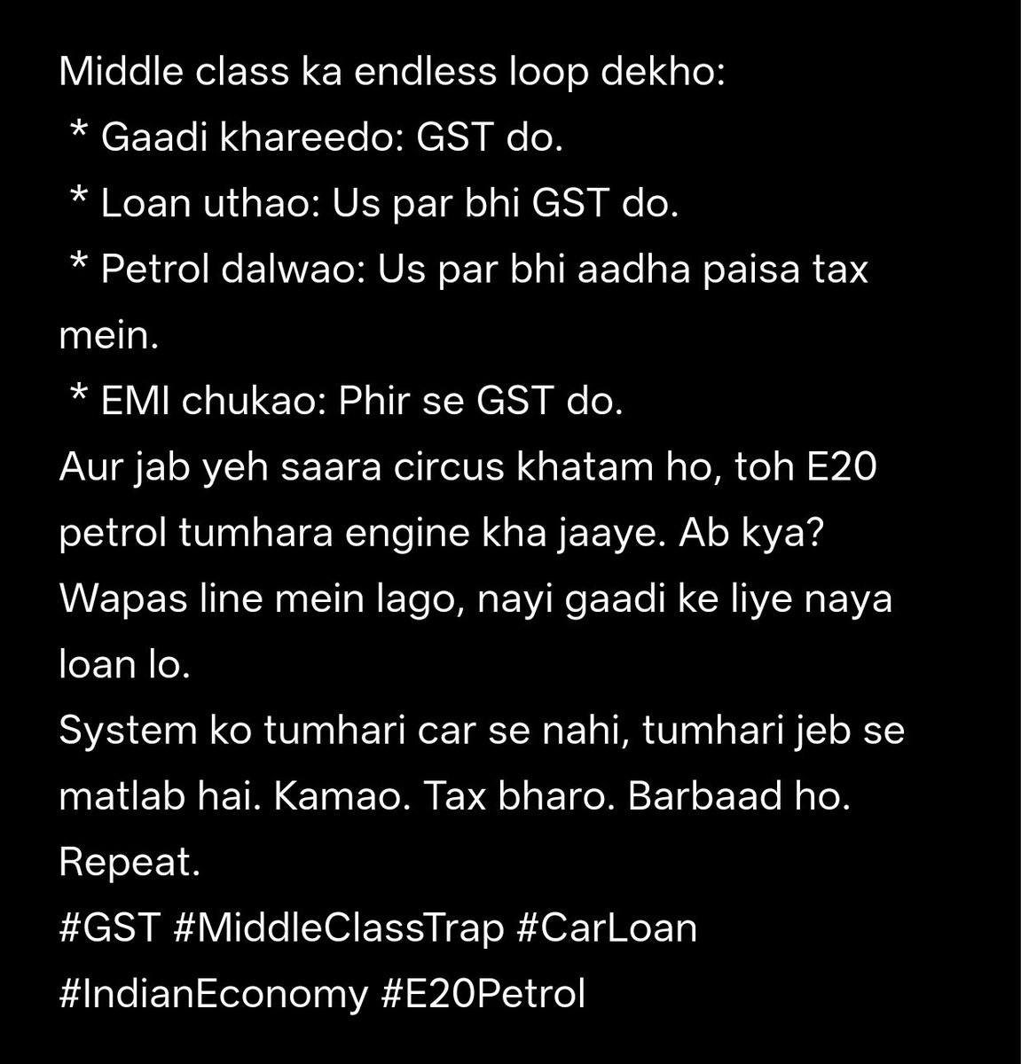 the_hair_edge's tweet image. #GST #MiddleClassTrap #CarLoan #IndianEconomy #E20Petrol