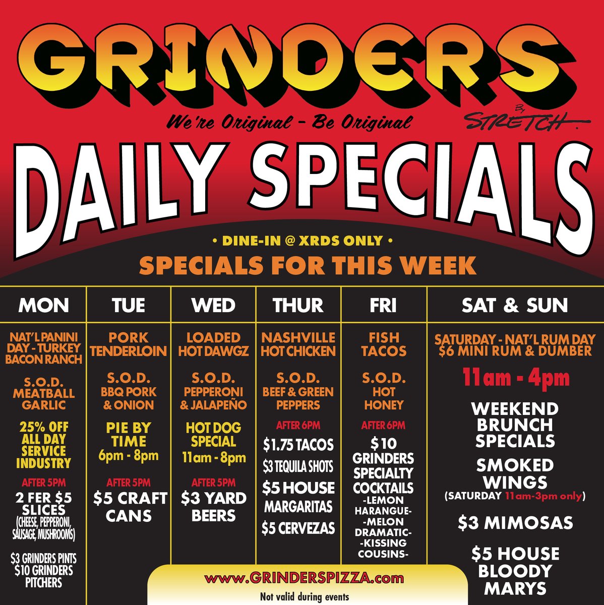 2 National Food days this week! 
Today is National Panini Day so - scrumptious Turkey, Bacon, &amp; Panini. 
Saturday is National Rum Day - we'll have $6 "mini" Rum &amp; Dumbers to quench your thirst. 
Both of these on top of the weeks awesome specials and slices of the day!
