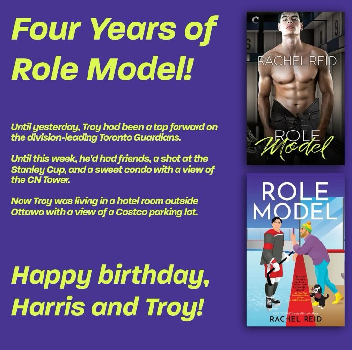 Can you believe ROLE MODEL is four years old today? My fifth book is four years old! I’m starting to feel ancient. Anyway, I love Harris and Troy and this may be my favourite book I’ve written. 🏒❤️🐶🍎