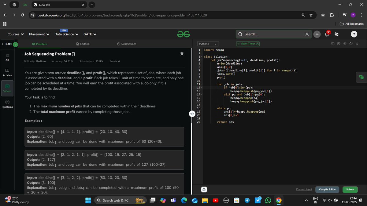 YashRajSingh098's tweet photo. Day 135 of 160
#160DaysofDSA
Topic - Greedy
Problem Name - Job Sequencing problem
Difficulty - Medium
Time Complexity - O(nlogn)
Space Complexity - O(n)
@geeksforgeeks
#gfg160 #geekstreak2025 https://t.co/gORY1fWGUa