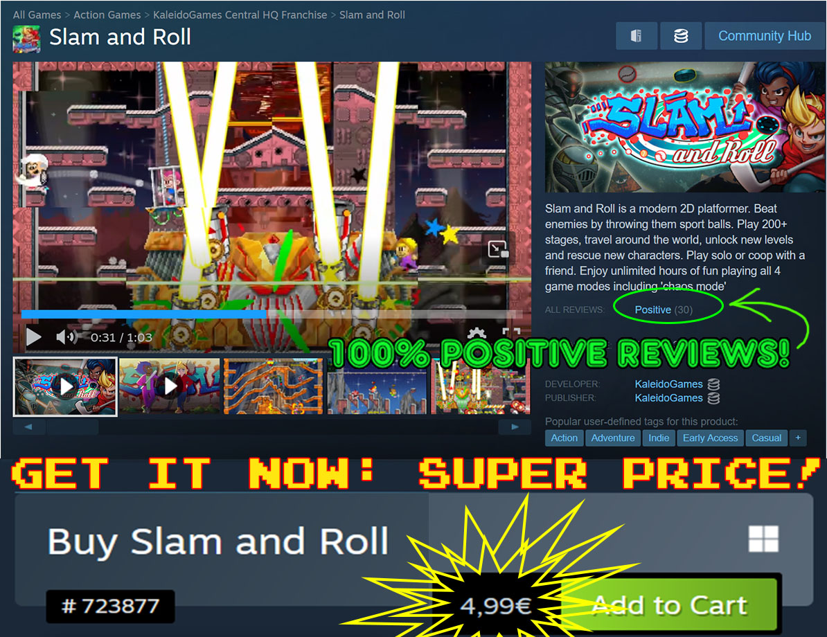 Price drop alert! Slam and Roll is now only $4.95! Pure, silly fun awaits—grab your copy , start the adventure or challenge your friends today!