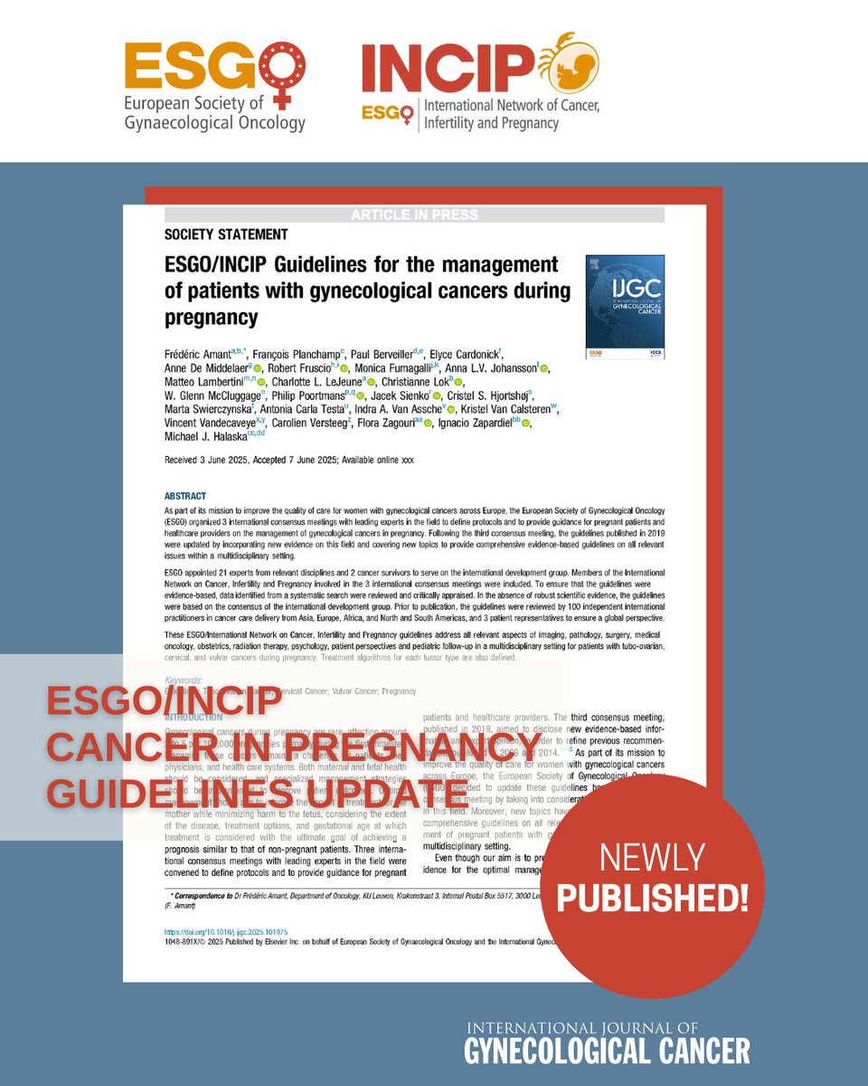 ESGO (@esgo_society) on Twitter photo Recently published in The International Journal of Gynecologic Cancer ‼️ 🗞️ ESGO/INCIP Guidelines for the management of patients with gynecological cancers during pregnancy. This provides an update to previous recommendations.
Read the paper 👉 …l-journal-of-gynecological-cancer.com/article/S1048-…
Learn Recently published in The International Journal of Gynecologic Cancer ‼️ 🗞️ ESGO/INCIP Guidelines for the management of patients with gynecological cancers during pregnancy. This provides an update to previous recommendations.
Read the paper 👉 …l-journal-of-gynecological-cancer.com/article/S1048-…
Learn