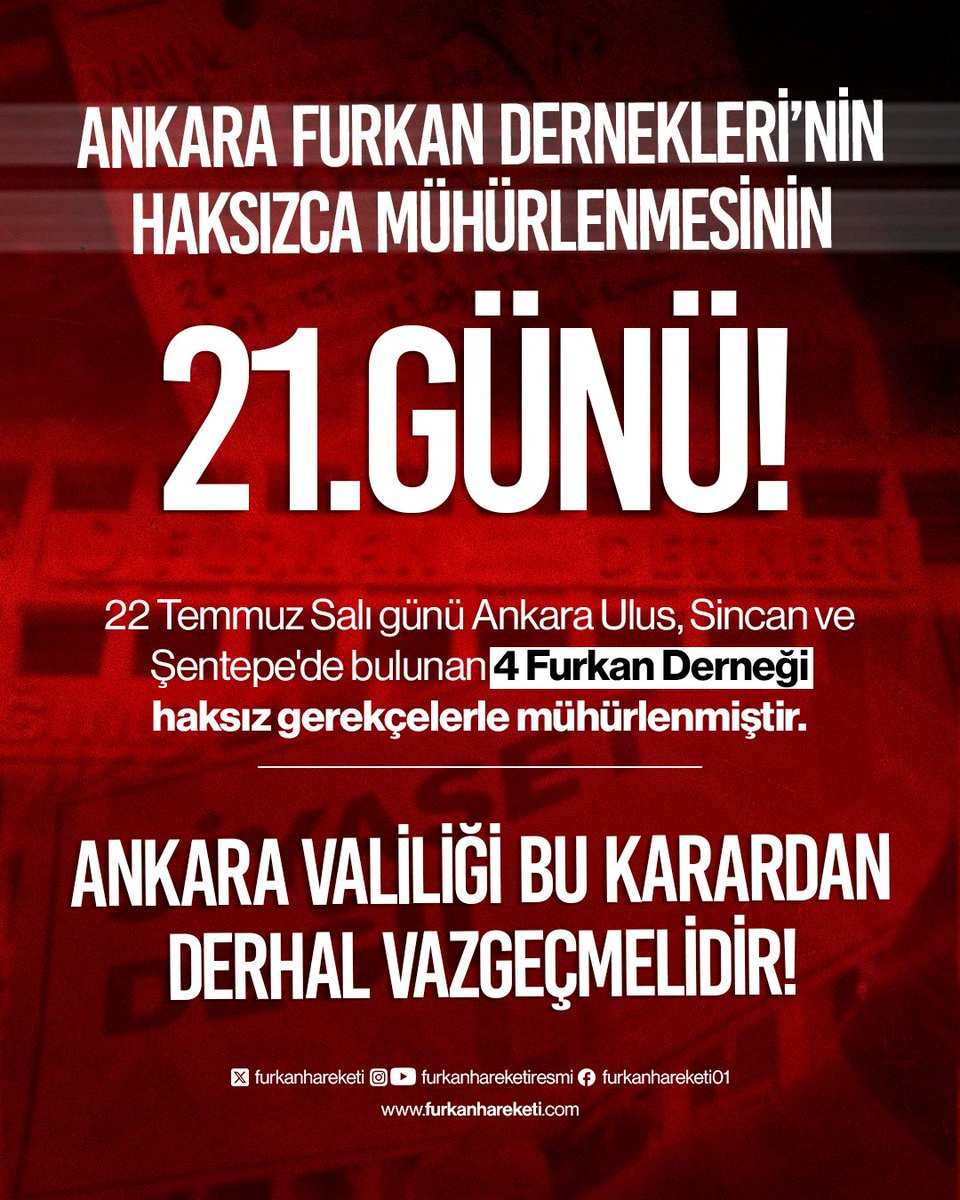 📌 Ankara Furkan Derneklerinin Haksızca Mühürlenmesinin 21. GÜNÜ!

22 Temmuz Salı günü Ankara Ulus, Sincan ve Şentepe'de bulunan 4 Furkan Derneği haksız gerekçelerle mühürlenmiştir.

#AnkaraValiliği bu karardan derhal vazgeçmelidir!

#DiniSohbetSuçDeğildir
Derneklerimizi Açın