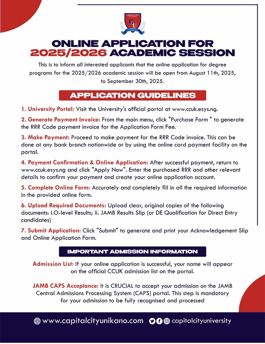 START YOUR ACADEMIC JOURNEY AT CCUK.
Online application for 2025/2026 is now open from August 11 to Sept 30, 2025.
Apply via: ccuk.esys.ng
✔ Generate RRR  
✔ Pay online/bank  
✔ Complete form  
✔ Upload docs  
✔ Submit  
Accept admission on JAMB CAPS.
#ApplyNow