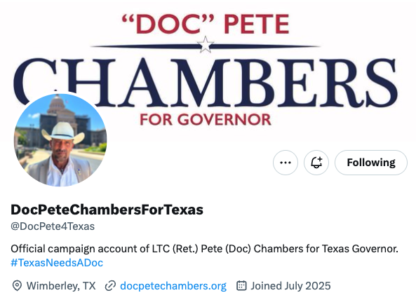 Shoe (@samosaur) on Twitter photo Hit the follow button and follow Pete "Doc" Chamber's official campaign X account. Share this and tell your friends!
<a href="/DocPete4Texas/">DocPeteChambersForTexas</a> Hit the follow button and follow Pete "Doc" Chamber's official campaign X account. Share this and tell your friends!
<a href="/DocPete4Texas/">DocPeteChambersForTexas</a>