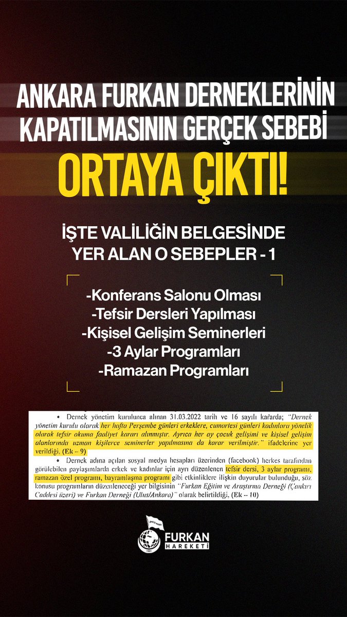Valiliğin belgesinde yer alan sebepler! 

- Konferans salonu olması 
- Tefsir dersleri yapılması 
- Kişisel gelişim seminerleri 
- 3 aylar programları 
- Ramazan programları 

#DiniSohbetSuçDeğildir
Derneklerimizi Açın