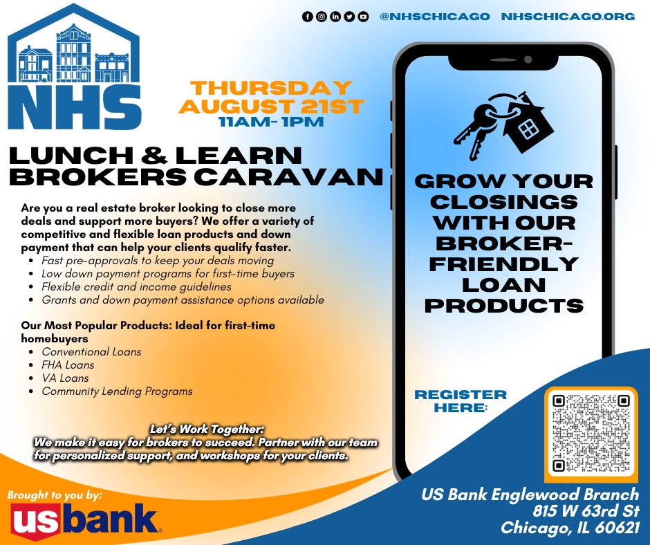 Calling All Real Estate Brokers!
Unlock more opportunities for your clients and boost your closings at our Lunch &amp; Learn Brokers Caravan on Thursday, August 21st, 11 AM – 1 PM at the US Bank Englewood Branch.
Enjoy lunch while you:
✅ Learn about our competitive &amp; flexible loan