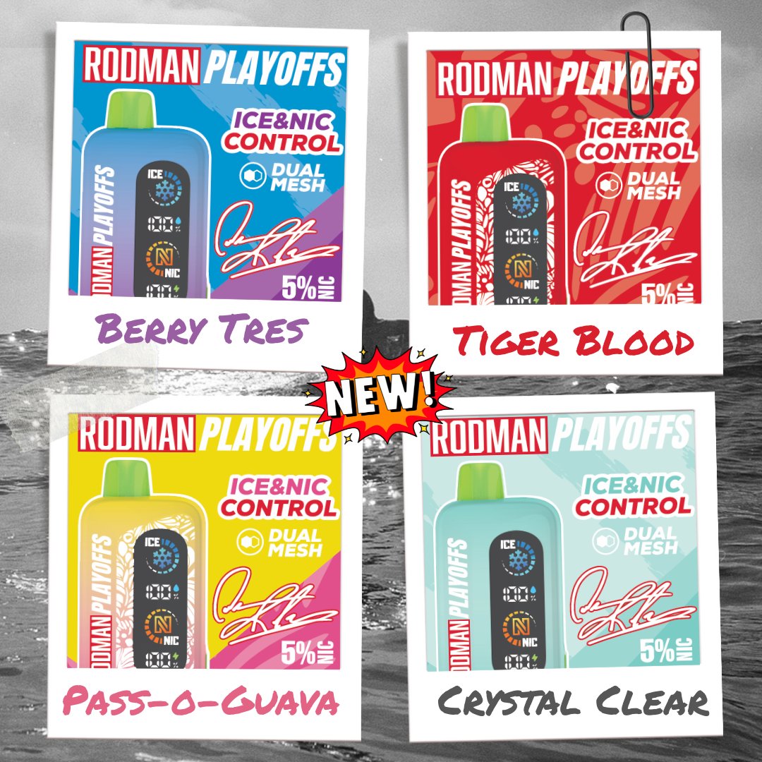 NEW FLAVOR DROP - Just in time for the final weeks of summer, RODMAN Playoffs has made the save with an exciting array of new flavors including:

BERRY TRES 🫐
TIGER BLOOD 🩸
PASS-O-GUAVA 🌺 
CRYSTAL CLEAR 💎

💥Available NOW 💥