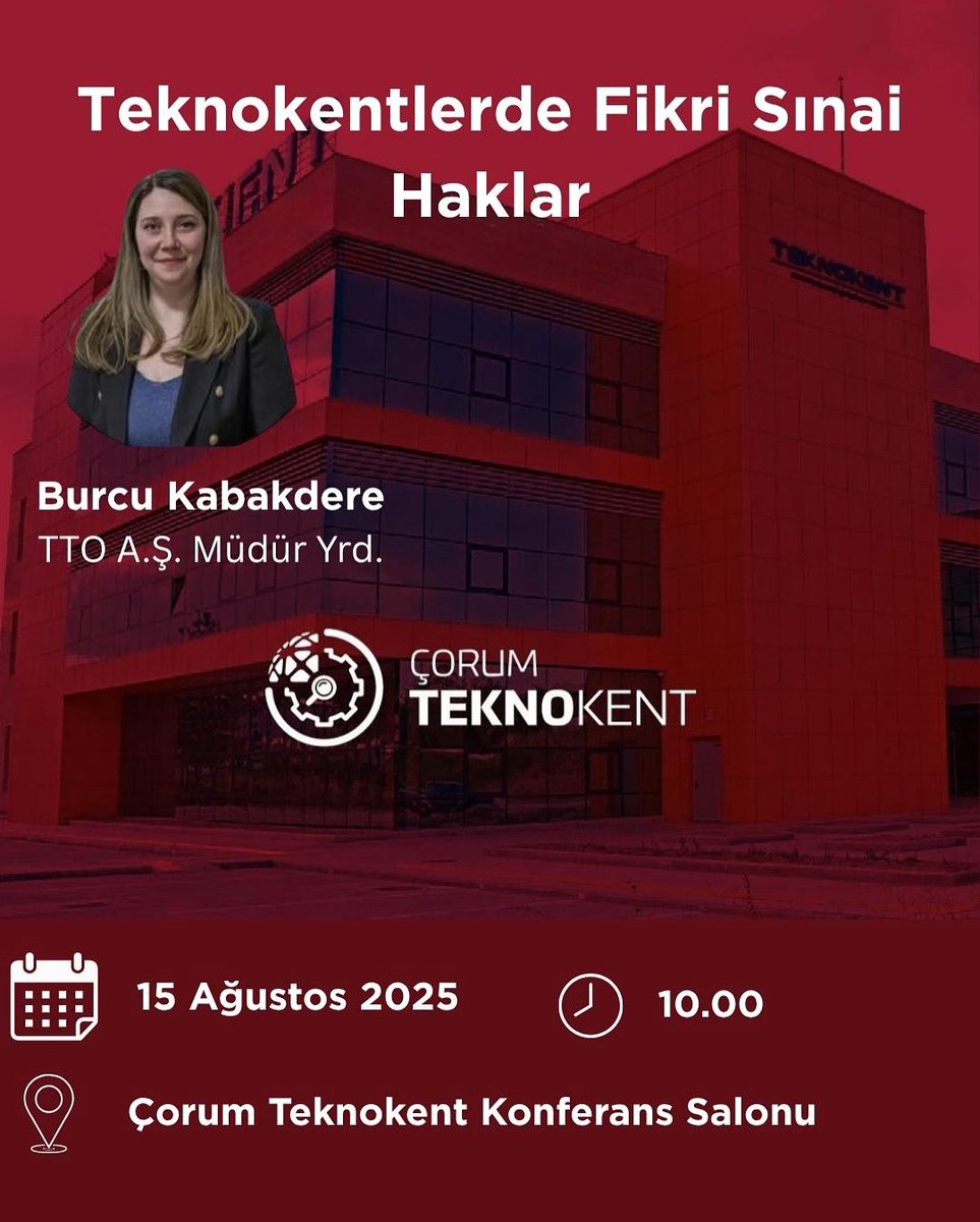 “Teknokentlerde Fikri Sınai Haklar” konulu bilgilendirme etkinliğimize tüm girişimcilerimizi, akademisyenlerimizi ve firma temsilcilerimizi davet ediyoruz.

Konuşmacı: Burcu Kabakdere – TTO A.Ş. Müdür Yardımcısı
📅 Tarih: 15 Ağustos 2025
⏰ Saat: 10.00
📍 Yer: Çorum Teknokent