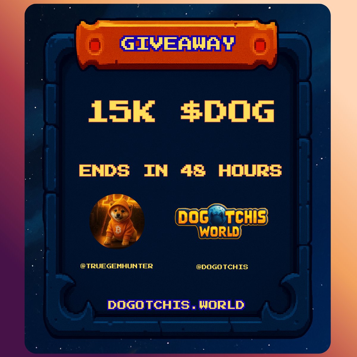 GEM HUNTER 💎 (@truegemhunter) on Twitter photo ‼️ 15K $DOG giveaway
Random winner in 48 hours who
Follow <a href="/Dogotchis/">DOGOTCHIS WORLD 🧡 $DOG</a> and <a href="/TrueGemHunter/">THE HUNTER ✴️</a>
Repost this post: x.com/Dogotchis/stat…
Tag 3 friends
Good luck 💚 ‼️ 15K $DOG giveaway
Random winner in 48 hours who
Follow <a href="/Dogotchis/">DOGOTCHIS WORLD 🧡 $DOG</a> and <a href="/TrueGemHunter/">THE HUNTER ✴️</a>
Repost this post: x.com/Dogotchis/stat…
Tag 3 friends
Good luck 💚