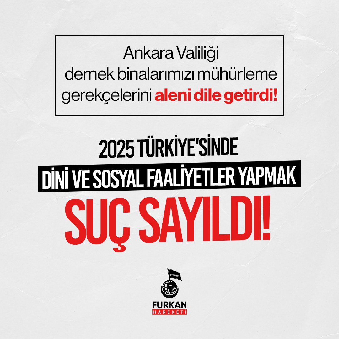 Ankara Valiliği dernek binalarımızı mühürleme gerekçelerini aleni dile getirdi!

2025 Türkiye'sinde dini ve sosyal faaliyetler yapmak SUÇ SAYILDI!

#DiniSohbetSuçDeğildir
Derneklerimizi Açın