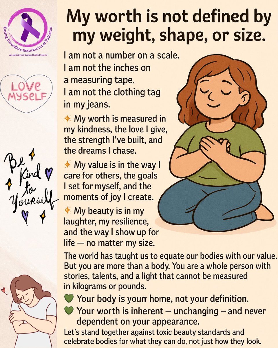 ED_Pakistan's tweet photo. 💬 My worth is not defined by my weight, shape, or size.
I am not a number on a scale.
I am not the inches on a measuring tape.
I am not the clothing tag in my jeans.#edaop https://t.co/ahupvBYoDD