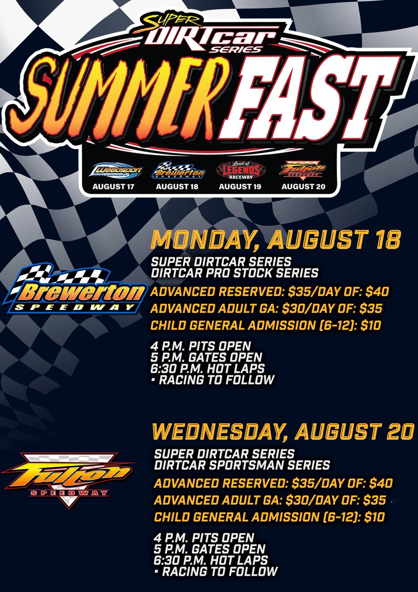 🏁The <a href="/SuperDIRTcar/">Super DIRTcar Series</a> #SummerFAST series is next week! Racing at <a href="/brewertonspdway/">Brewerton Speedway</a> takes place on August 18. with racing <a href="/FultonSpeedway/">Fulton Speedway</a> on August 20. This is the only opportunity to see the Super DIRTcar Series in Oswego County before <a href="/SuperDIRTWeek/">Super DIRT Week</a> in October at <a href="/OswegoSpeedway/">Oswego Speedway</a>!