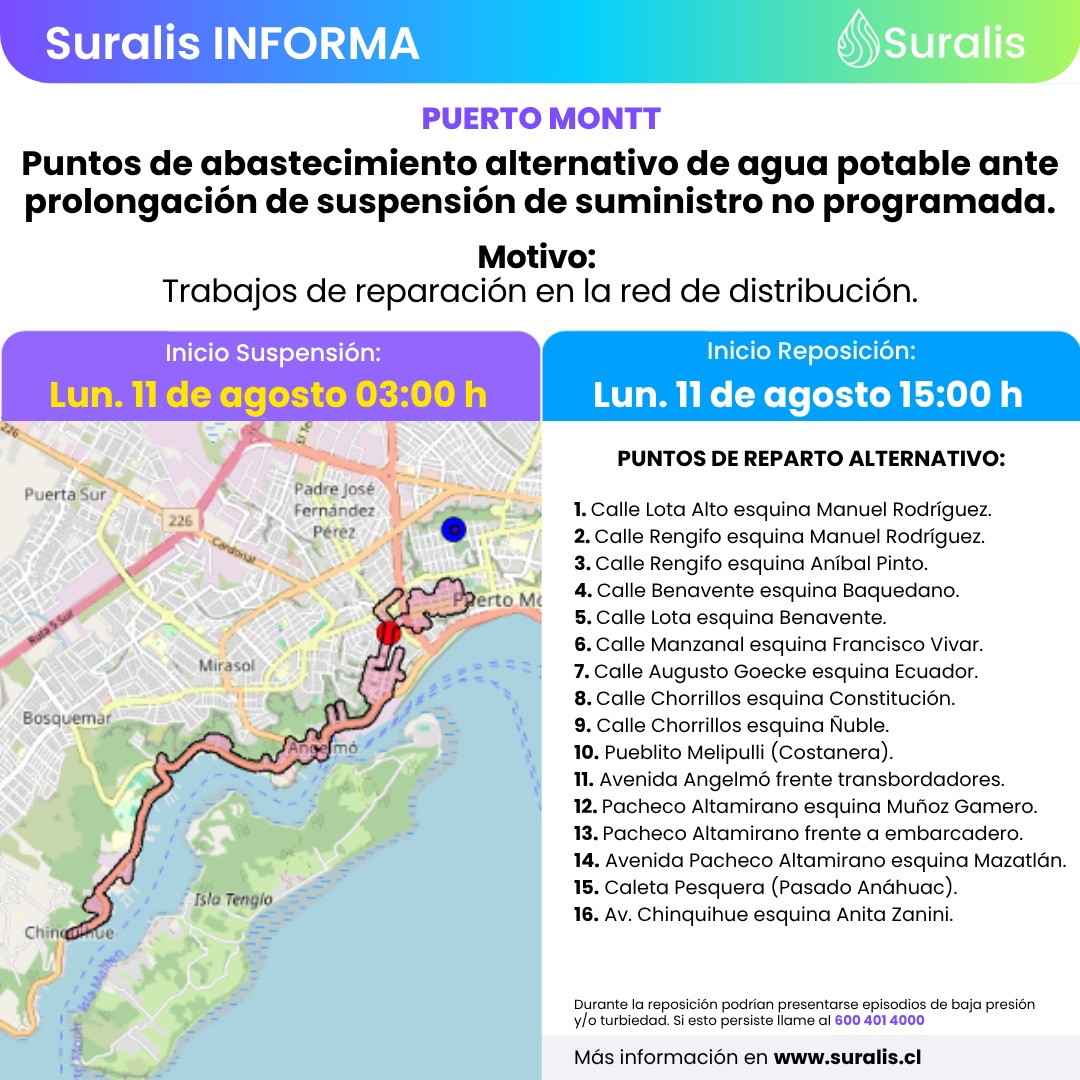 💧Compartimos puntos de abastecimiento alternativo de agua potable ante prolongación de suspensión no programada de suministro en Puerto Montt, que incluye al sector Chinquihue.