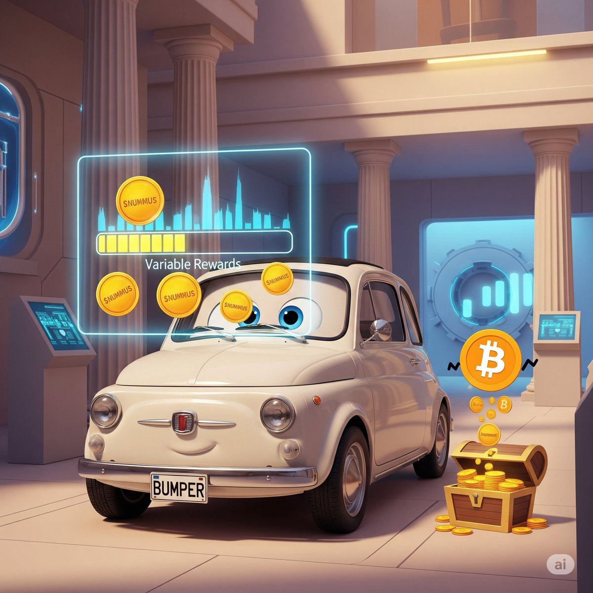 By staking $BUMPER, you get $NUMMUS. The current 3-month APR is 3.5%, while the 12-month APR is 8.2%. These rewards are variable and depend primarily on the value of Nummus Aeternitas. If the price were to return to $0.09, the 3-month Bumper APR would yield over 9%, while the