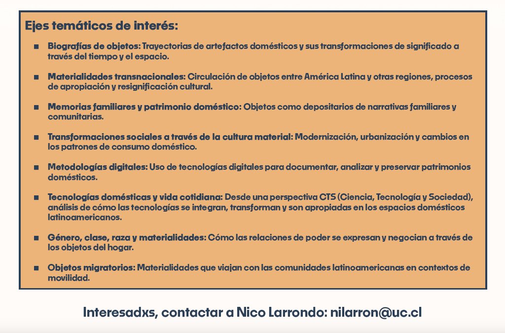 Hola red que irá a LASA 2026 a París 🇫🇷

Estoy buscando conformar un panel para la conferencia con la temática de Objetos, Memorias y Vida Cotidiana: Materialidades del Hogar en Latinoamérica

Si están interesad@s, me envían un email a nilarron@uc.cl 

👩🏻‍🎓👩🏻‍🏫🧑🏽‍💻