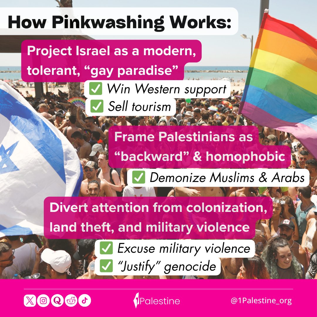 1palestine_org's tweet photo. You can't talk about the 'washing' tactics without discussing pinkwashing, probably the most widely recognized and utilized PR strategy the occupation continues to engage in. https://t.co/ogluW30uvK