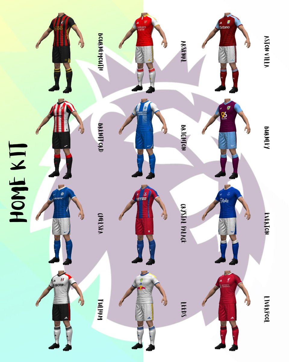 ErniKits's tweet photo. Premier League 25/26 Home Concept Kits (Part One) 

#kitmaker #PremierLeague #FC26 #concept #conceptart #kitconcept https://t.co/NOu6BxFjo6
