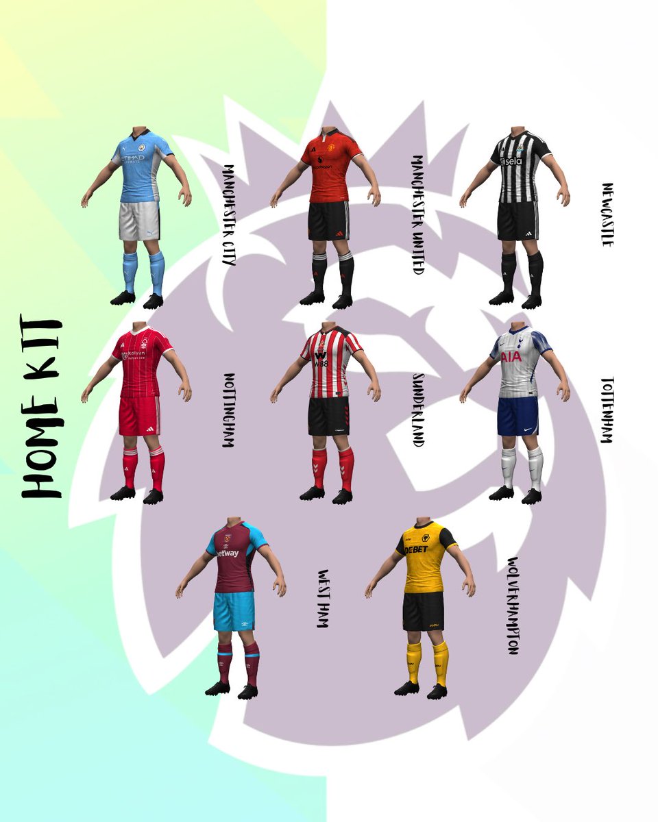 ErniKits's tweet photo. Premier League 25/26 Home Concept Kits (Part One) 

#kitmaker #PremierLeague #FC26 #concept #conceptart #kitconcept https://t.co/NOu6BxFjo6