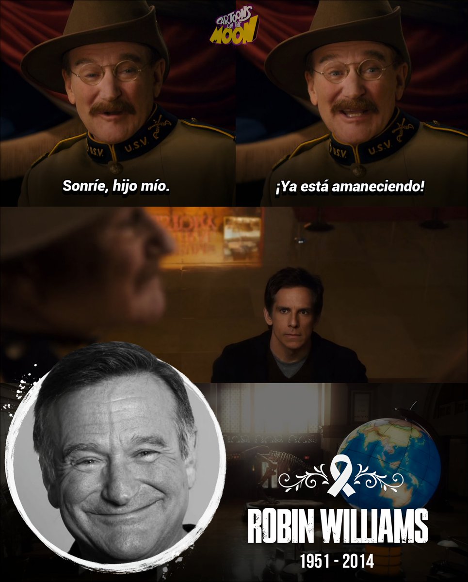 CartoonsOTMoon's tweet image. El último estreno en vida de Robin Williams, fue Una Noche en el Museo 3:

Durante el rodaje, el director Shawn Levy comenzó a notar como Robin tenía dificultades para recordar sus líneas. Por esto, el actor lo llamaba de madrugada, preguntándose si seguía siendo lo…