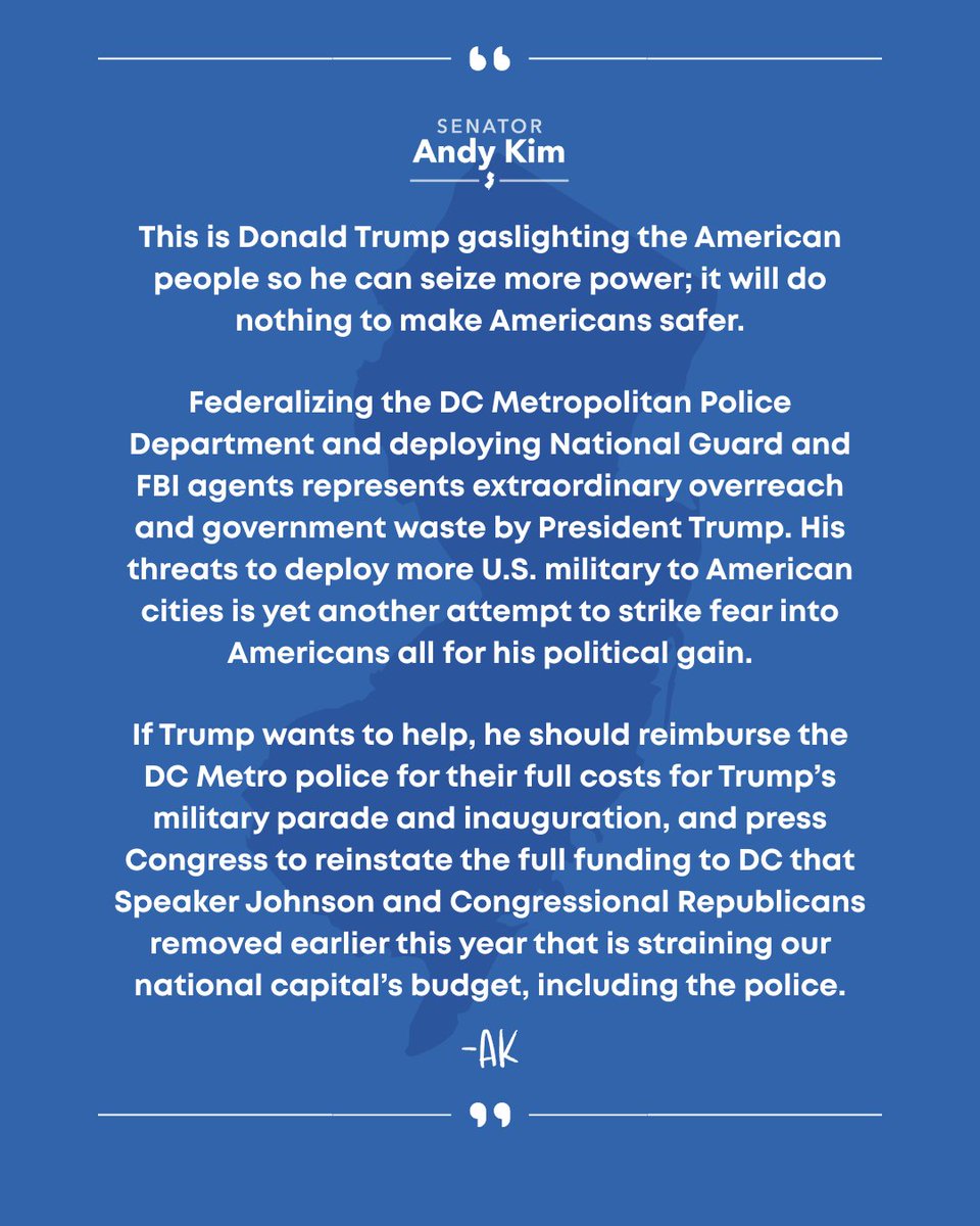 Trump's federalization of the DC Metro Police Department and deployment of the National Guard is an attempt to gaslight the American people so he can seize more power. It will do nothing to make us safer. Here's my full statement.