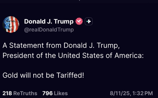 🔴COINDESK : Trump annuncia su Truth Social: "L'oro non sarà soggetto a dazi"