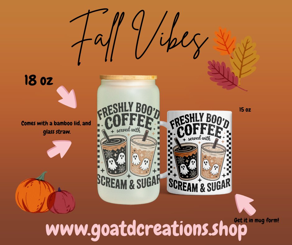 15 oz Coffee Mugs – big enough for that extra shot of espresso you’ll need this season

18 oz Libbey Glasses with Bamboo Lid &amp; Glass Straw – perfect for iced coffee or apple cider in style.

goatdcreations.shop